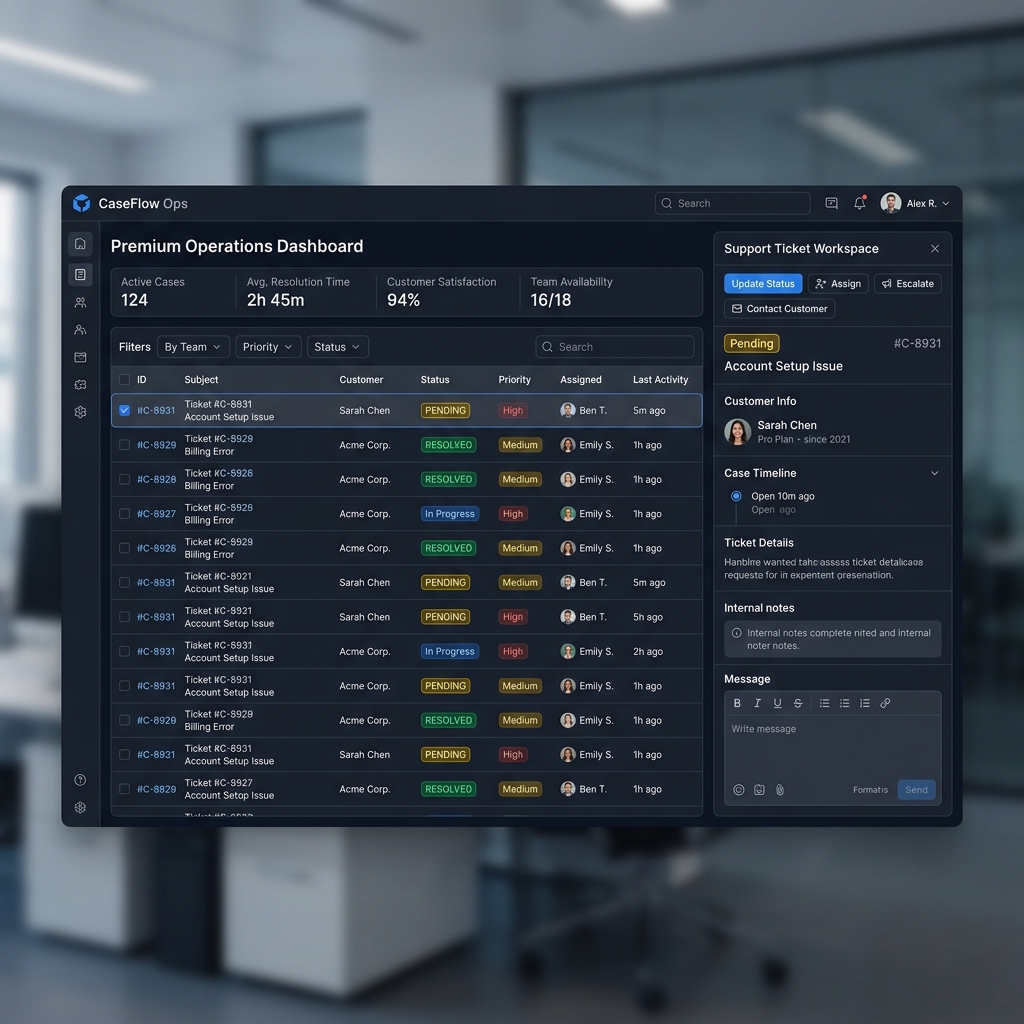 Marketplace support ticket dashboard case management UI simulation