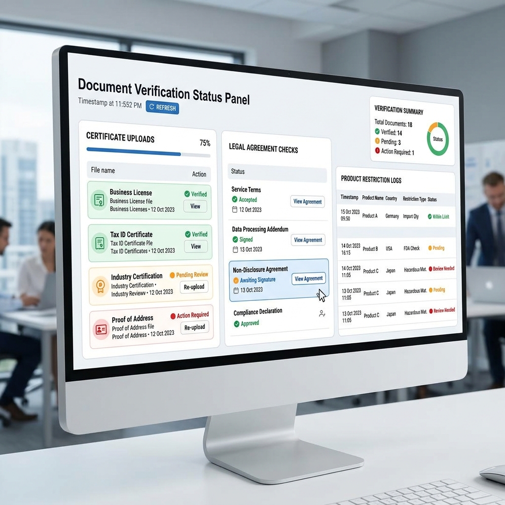 Marketplace listing policy compliance verification UI simulation