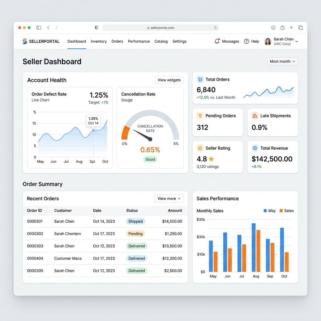 Marketplace Account Health Dashboard Diagnostic metrics UI simulation