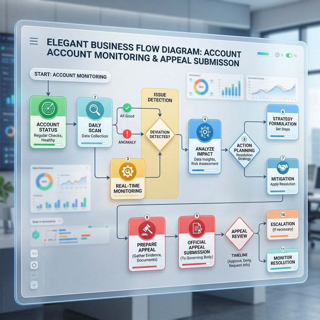 Marketplace Account Health suspension workflow flowchart schema UI simulation