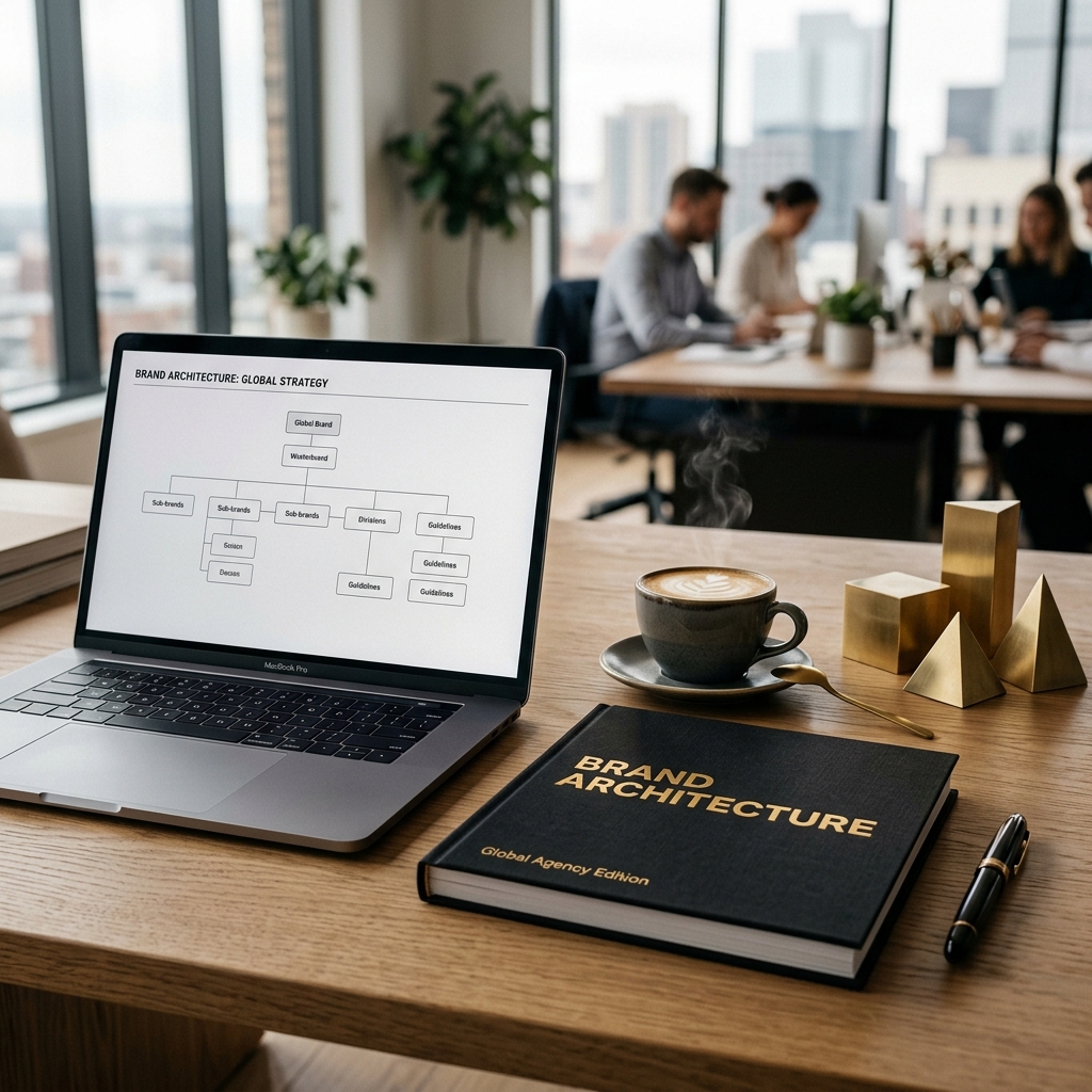 Premium corporate workspace with brand architecture sketches