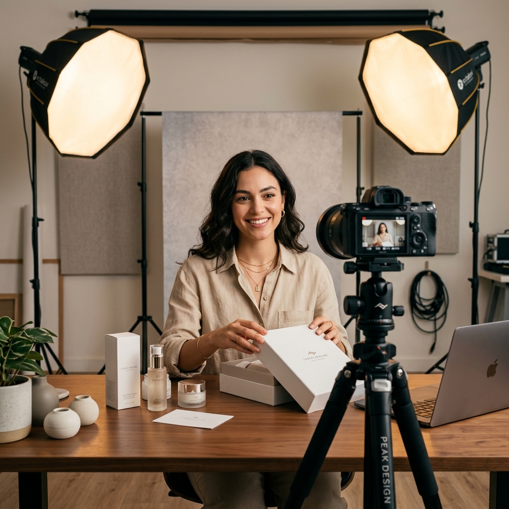 Creator studio setup with lighting and DSLR camera