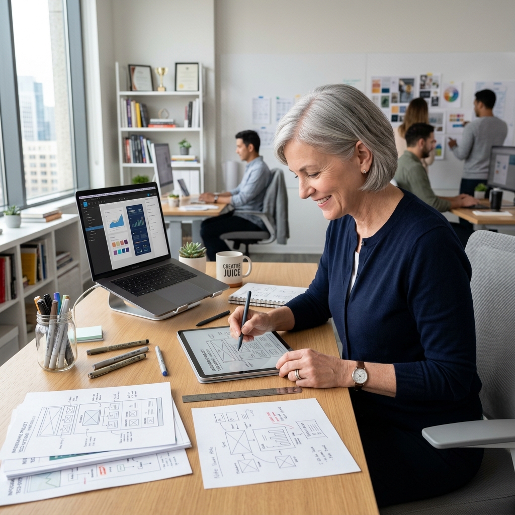 Senior visual infographic designer planning layout wireframes at drawing desk
