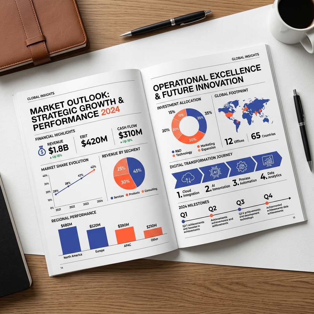 Editorial infographic layouts showcase in premium magazine spread format