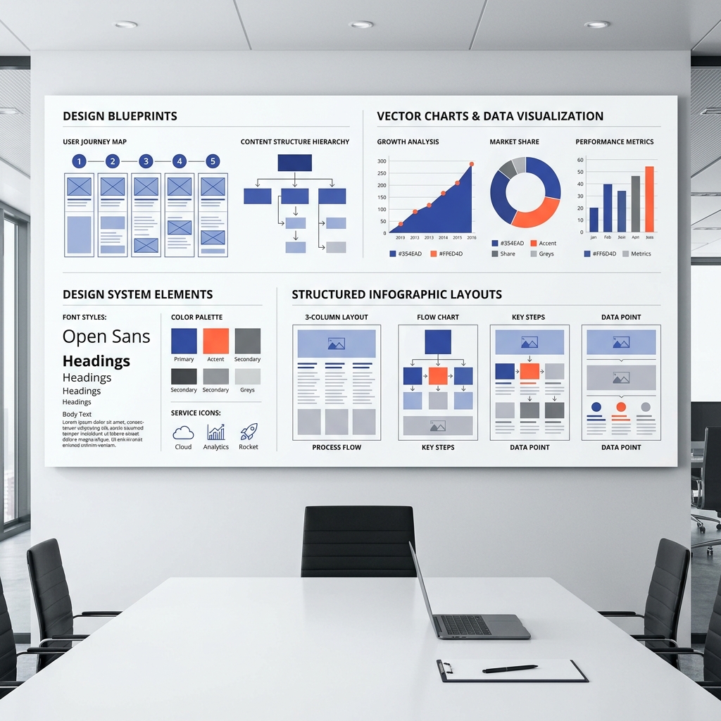 Creative studio board showing structured infographics design blueprints
