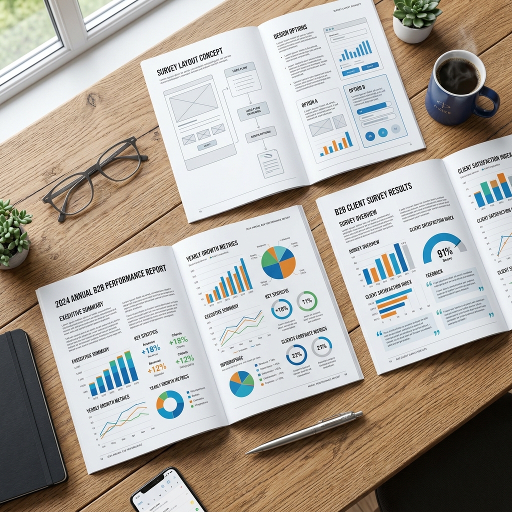 Annual B2B reports and survey layout mockups open on a table
