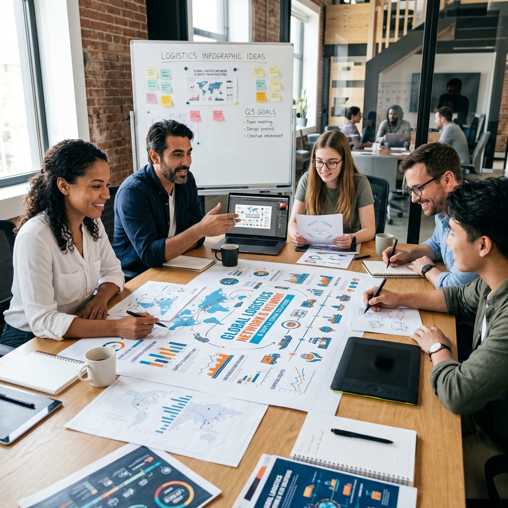 Design team evaluating logistics layout blueprints