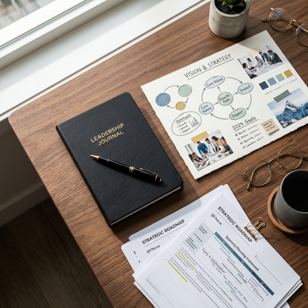 Branding positioning papers and strategy boards on a wood desk