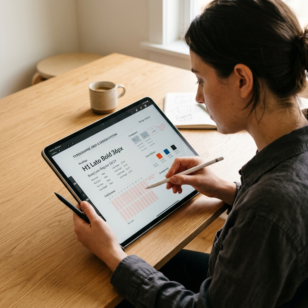 Designer and client reviewing typography scales and design system styles