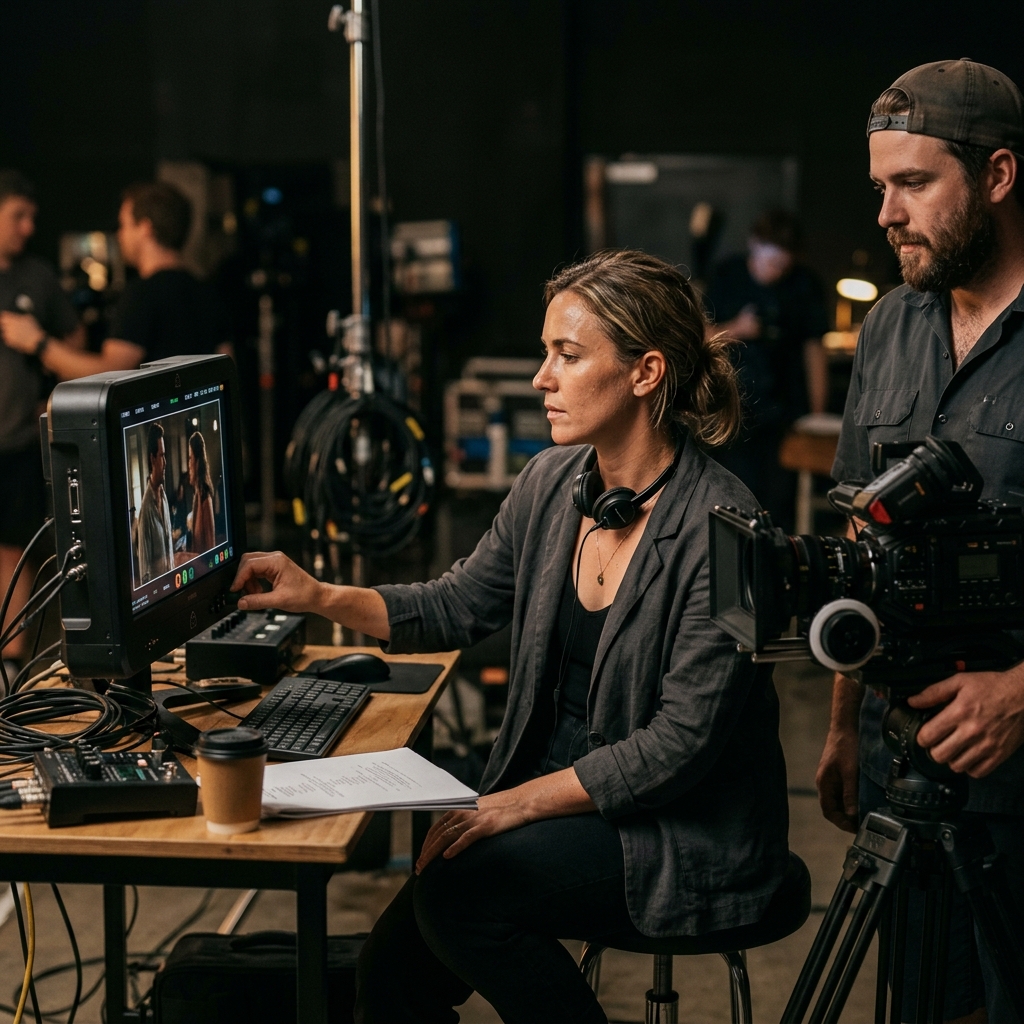 Director reviewing B2B campaign shoot