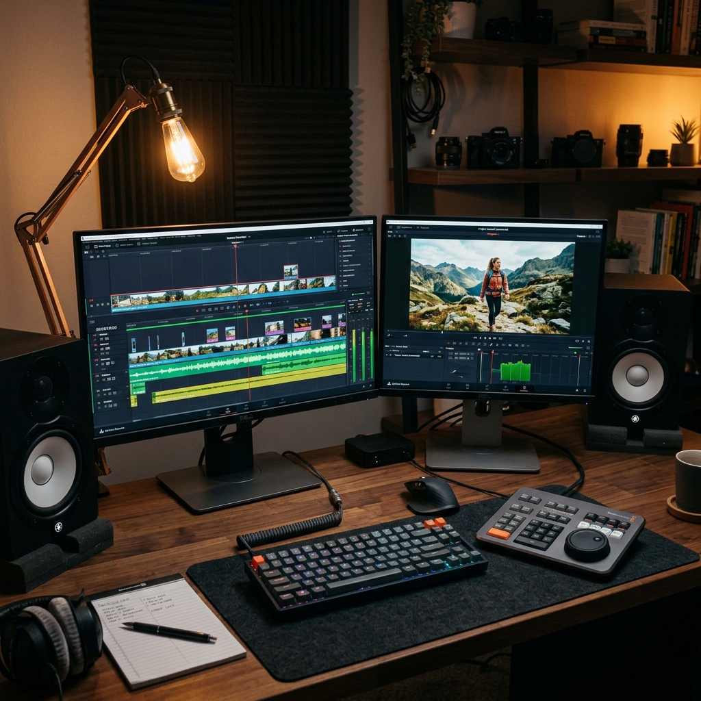 Video editor desk and software timeline