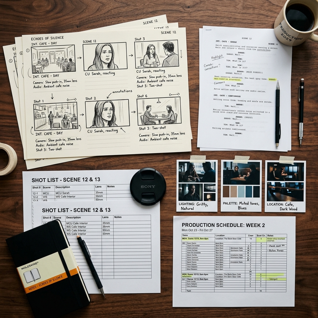 Pre-production script and storyboard planning layout